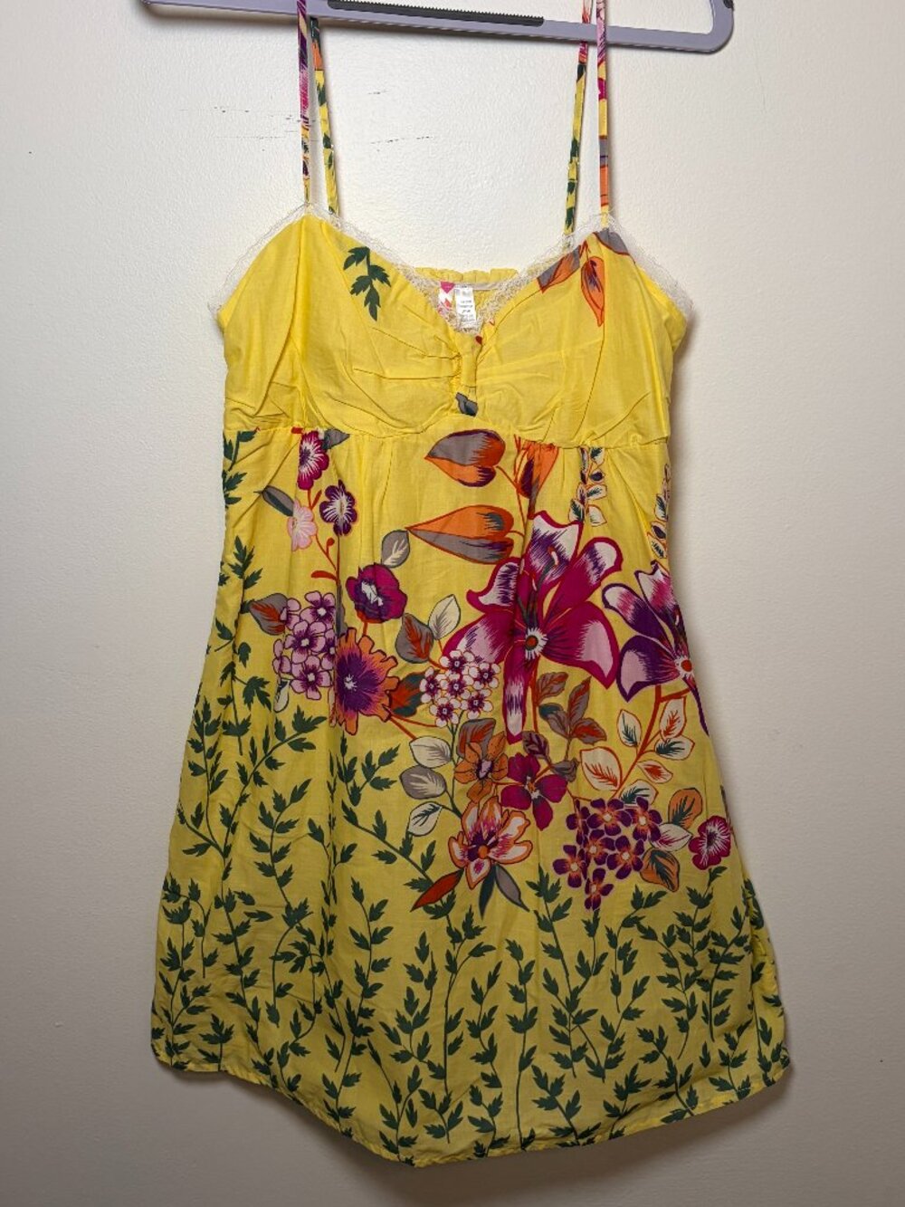 NEW Yellow Floral Lace Trim 100% Cotton Cami Top OR Mini Dress 6 Degrees Macys L